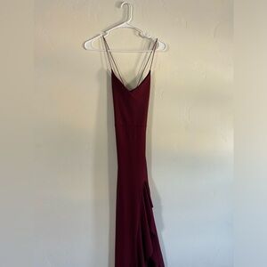 Burgundy Windsor Prom dress, with ruffled slit